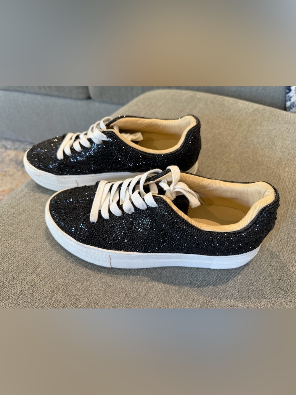 Betsey Johnson Black Glitter Lace-Up Sneakers with White Soles